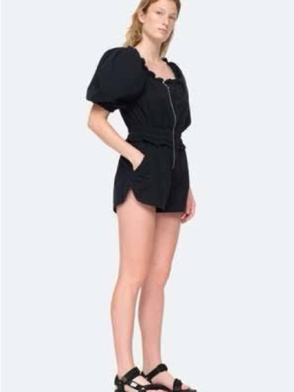 Sea Black Puff-Sleeve Romper with Front Zip